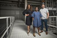 The "State of the Art 2020" curators (left to right) Allison Glenn, Lauren Haynes, and Alejo Benedetti at the Momentary, courtesy of Crystal Bridges Museum of American Art.