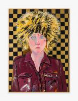 Joan Brown, Self-Portrait in Fur Hat, 1972. Oil enamel on panel; Work: 40 5/8 x 29 3/4 in (103.2 x 75.6 cm) Framed: 41 1/4 x 30 1/4 in (104.8 x 76.8 cm). Courtesy di Rosa Center for Contemporary Art, Napa, and Venus Over Manhattan, New York.
