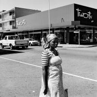 David Goldblatt, On the corner of
Commissioner and Eloff Streets, 1979. Vintage gelatin silver hand print, 11" × 11" (27.9 cm × 27.9 cm), image
unique. © The David Goldblatt Legacy Trust.