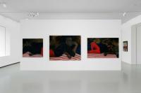Lynette Yiadom-Boakye's triptych Vigil for a Horseman, 2017, ©Lynette Yiadom-Boakye. Exhibition view of "Ouverture", Bourse de Commerce - Pinault Collection, Paris 2021, courtesy of the artist and the Bourse de Commerce - Pinault Collection. Photo Aurélien Mole