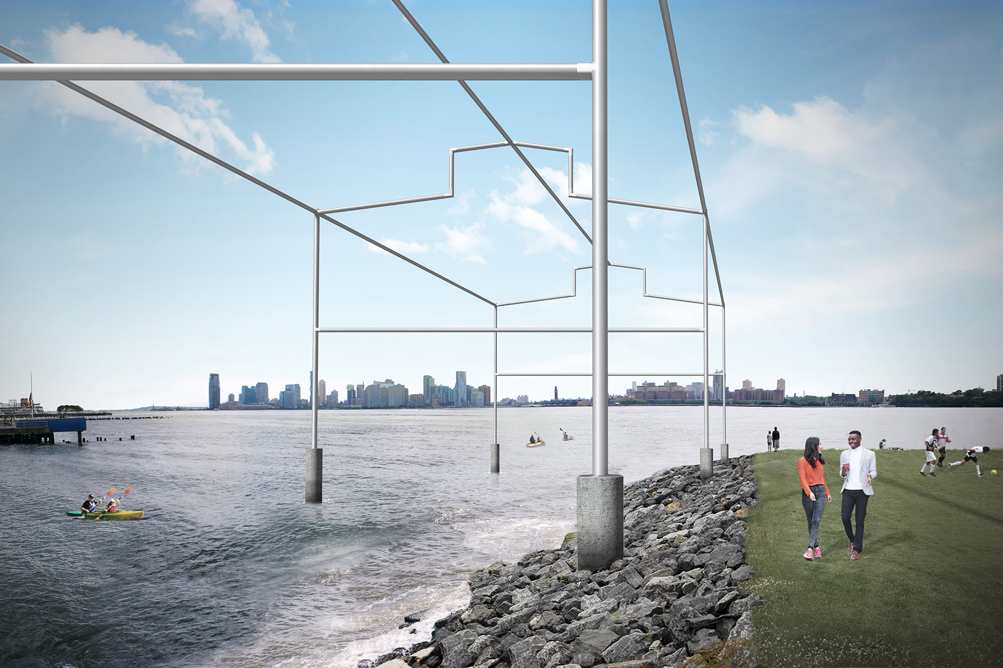 Rendering of the proposed project, Day's End by David Hammons, looking west from Gansevoort Peninsula. Courtesy Guy Nordenson and Associates.