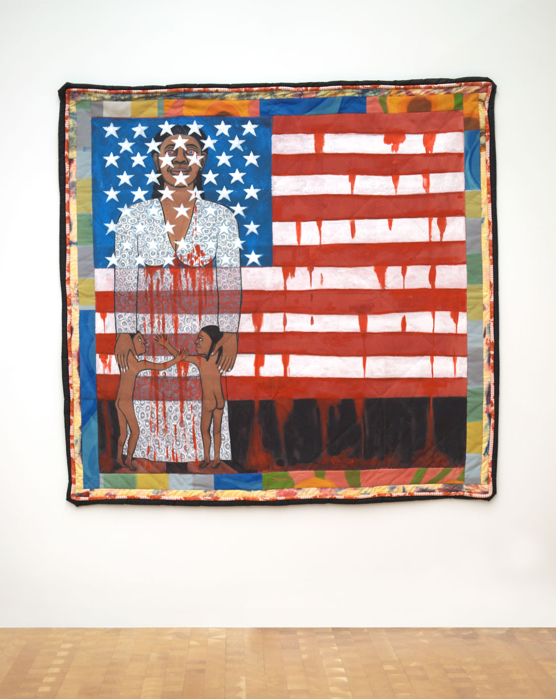 Faith Ringgold The American Collection #6: The Flag is Bleeding #2, 1997 acrylic on canvas with painted and pieced border 76 in x 79 in © 2020 Faith Ringgold / Artists Rights Society (ARS), New York, Courtesy ACA Galleries, New York Courtesy: Glenstone Museum