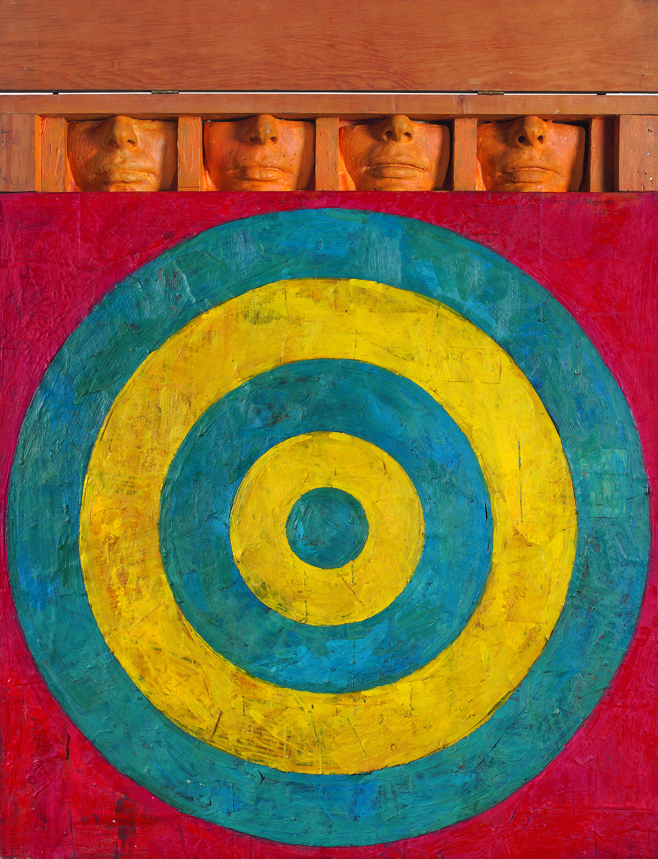 Jasper Johns, _Target with Four Faces_, 1955. Encaustic and collage on canvas with objects, 29 3/4 × 26 in. (75.6 × 66 cm). The Museum of Modern Art, New York; gift of Mr. and Mrs. Robert C. Scull 8.1958. © 2021 Jasper Johns / Licensed by VAGA at Artists Rights Society (ARS), NY. Photograph by Jamie Stukenberg, Professional Graphics, Rockford, Illinois.