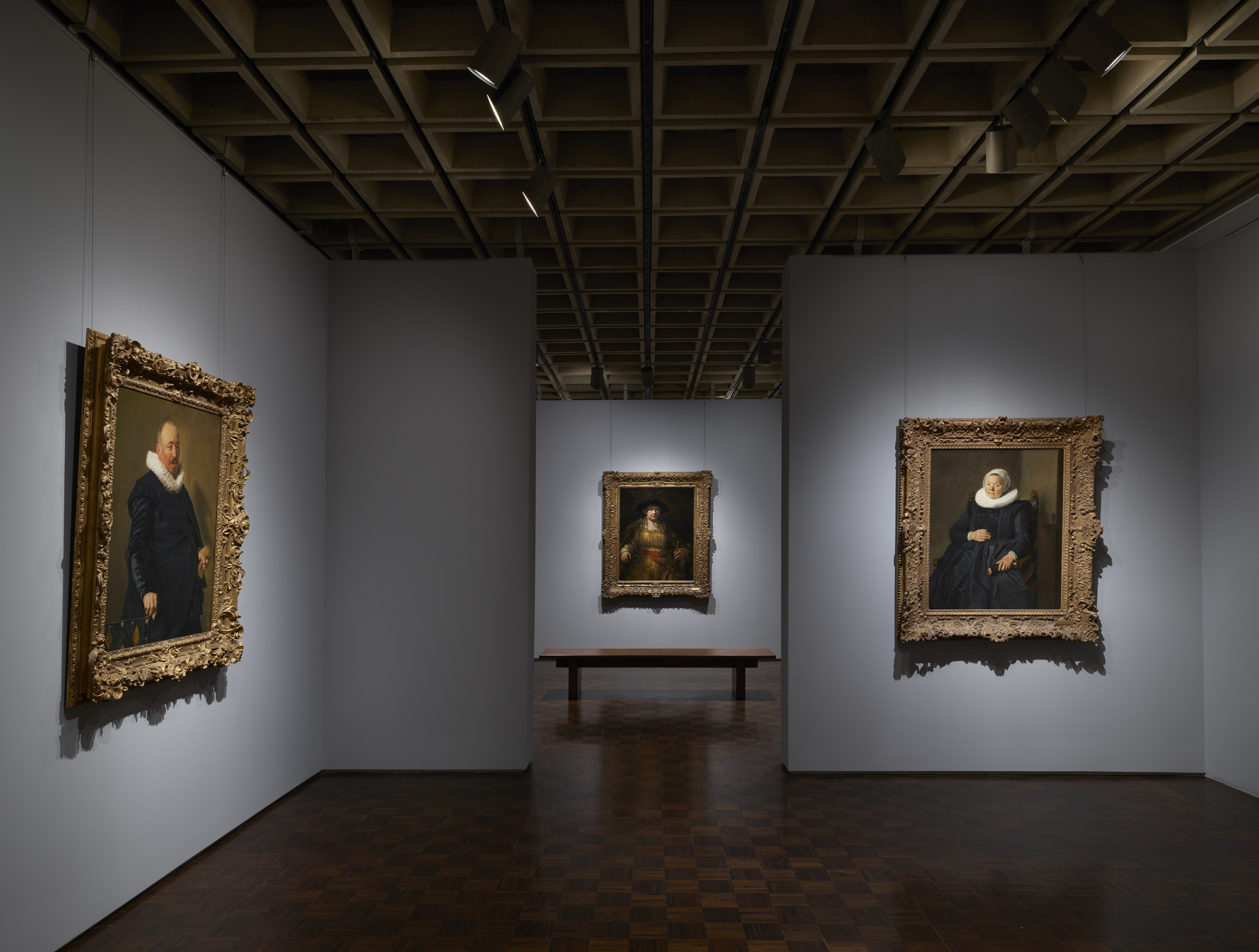 Dutch portraits by Frans Hals, with a view through to Rembrandt’s Self-Portrait, 1658, as shown at Frick Madison by The Frick Collection; photo: Joe Coscia