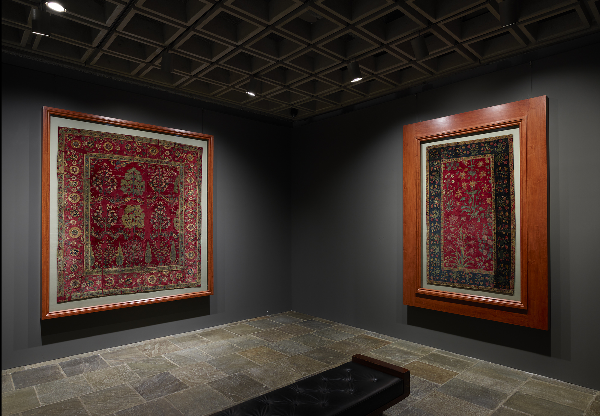 Two rare and infrequently displayed seventeenth-century Indian Mughal carpets from The Frick Collection occupy this gallery at Frick Madison; photo: Joe Coscia