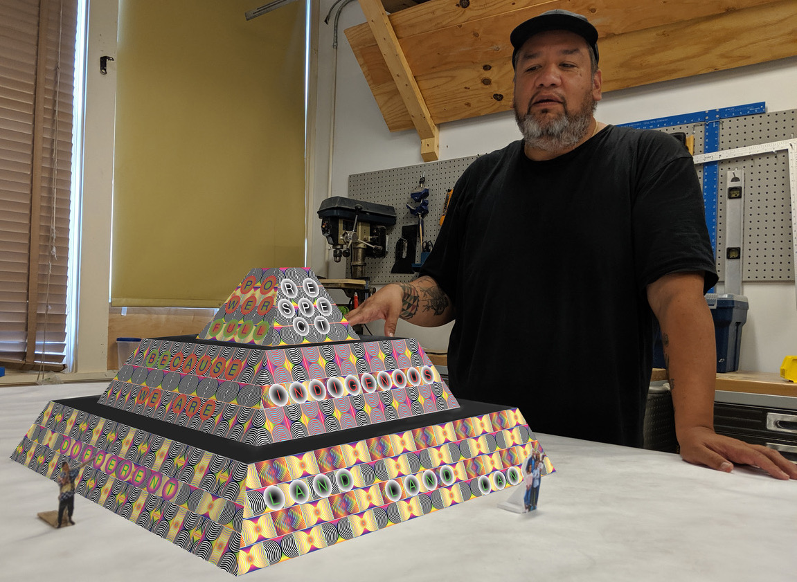 Jeffrey Gibson in his studio with a model of 'Because Once You Enter My House It Becomes Our House;' 2020; Courtesy the Artist, Socrates Sculpture Park, Sikkema Jenkins & Co., New York; Kavi Gupta, Chicago; Roberts Projects, Los Angeles.