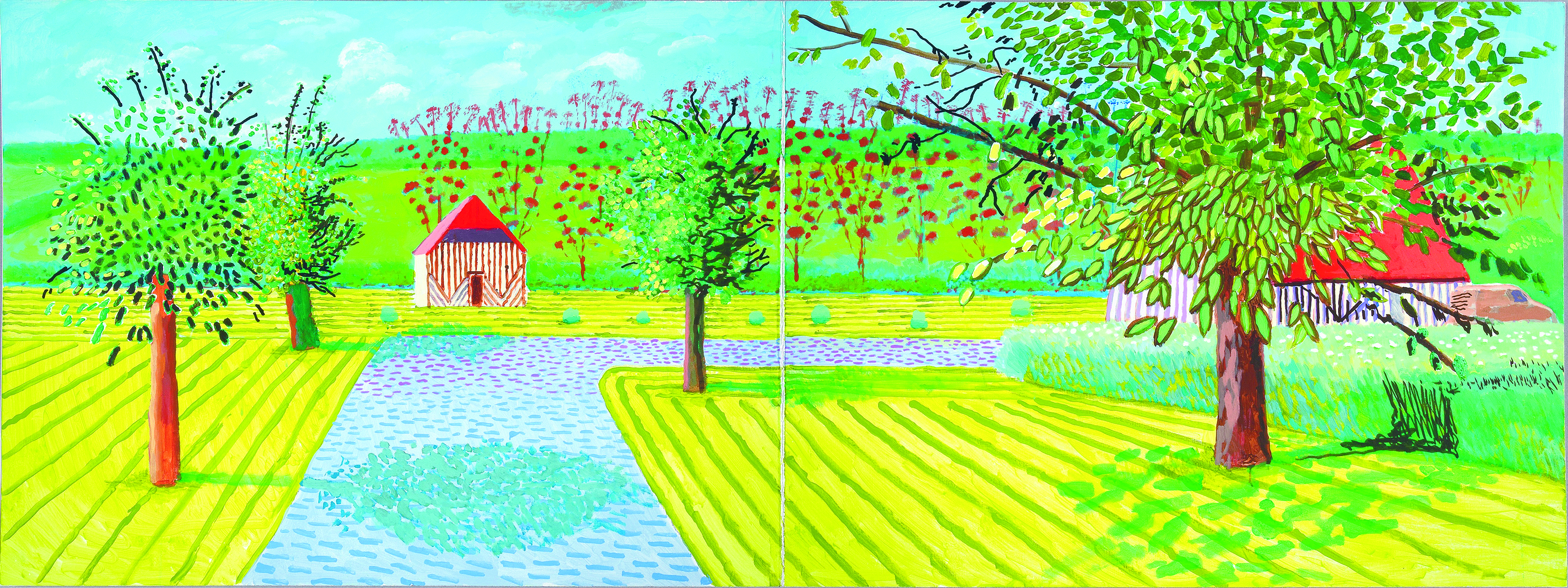 Page 32-33: David Hockney, “The Entrance”, 2019 Acrylic on 2 canvases (36 x 48' each) 36 x 96' overall © David Hockney Photo Credit: Richard Schmidt
