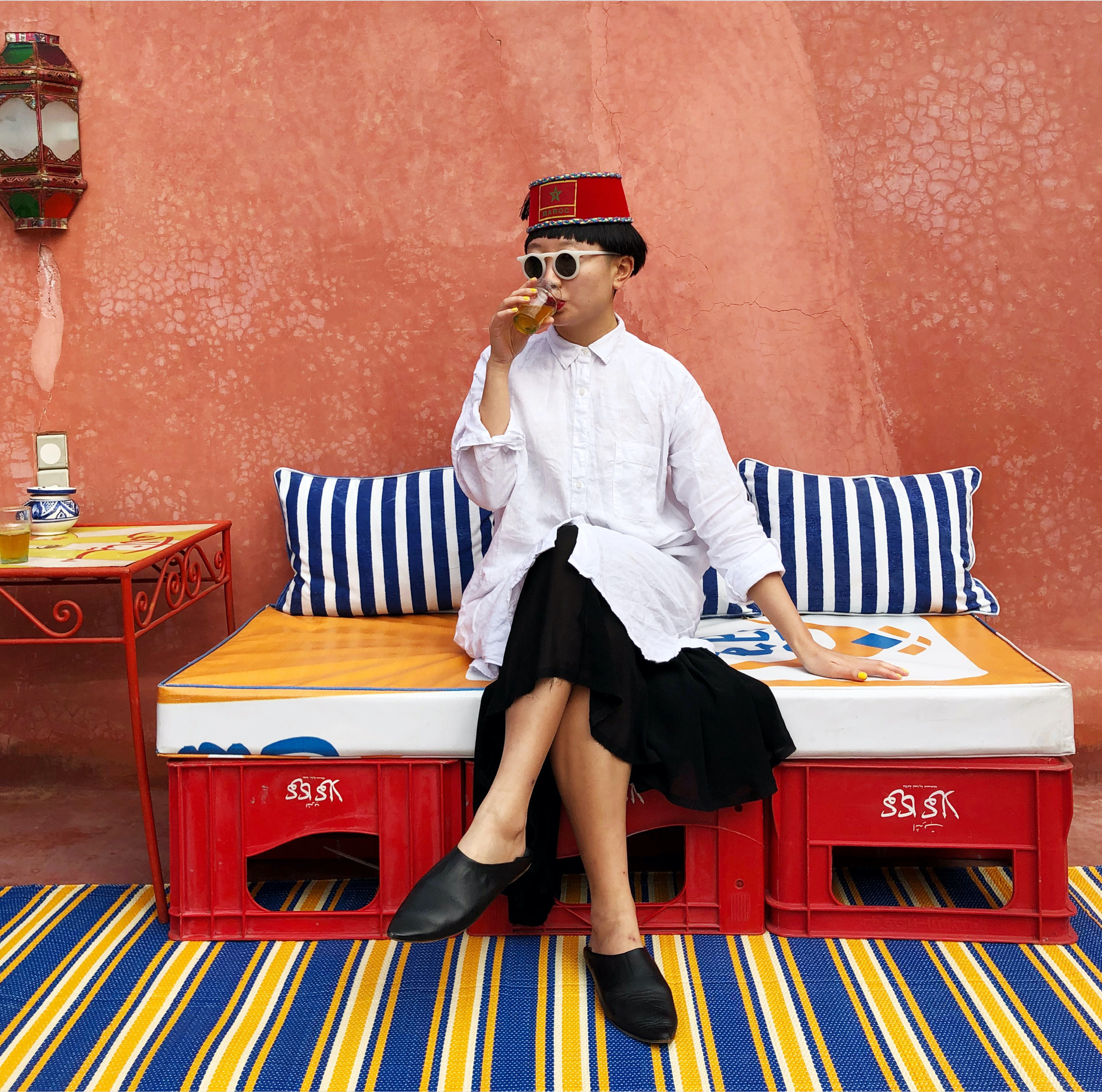 JiaJia Fei at artist Hassan Hajjaj’s Studio Riad Yima in Marrakech, Morocco, for the 1-54 Art Fair 2018