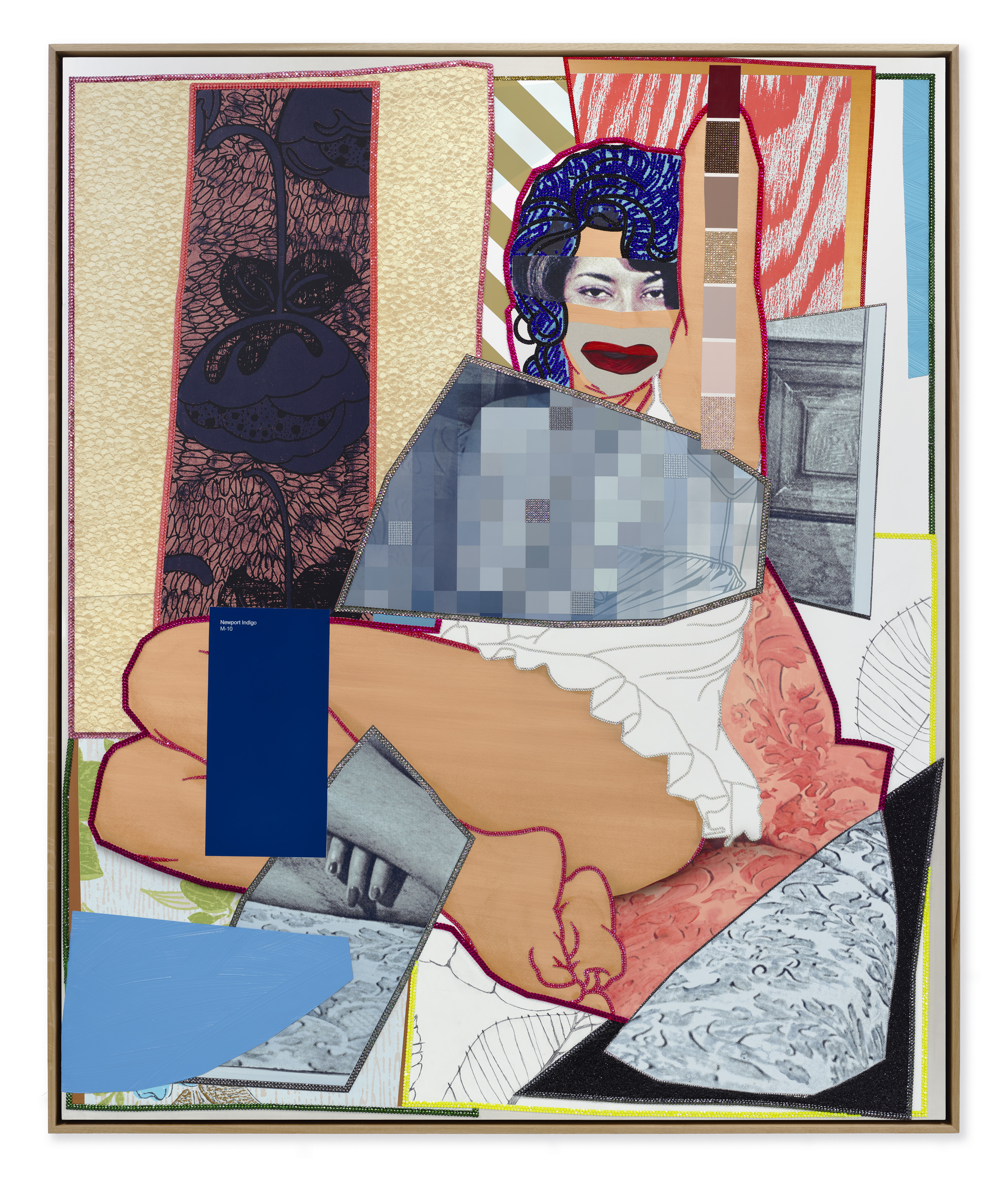 Mickalene Thomas, _August 1975_, 2021. Rhinestones, graphite, glitter, acrylic, and oil on canvas mounted on wood panel with oak frame 86⅛ x 72⅛ inches (218.8 x 183.2 cm). © Mickalene Thomas / Artists Rights Society (ARS), New York.