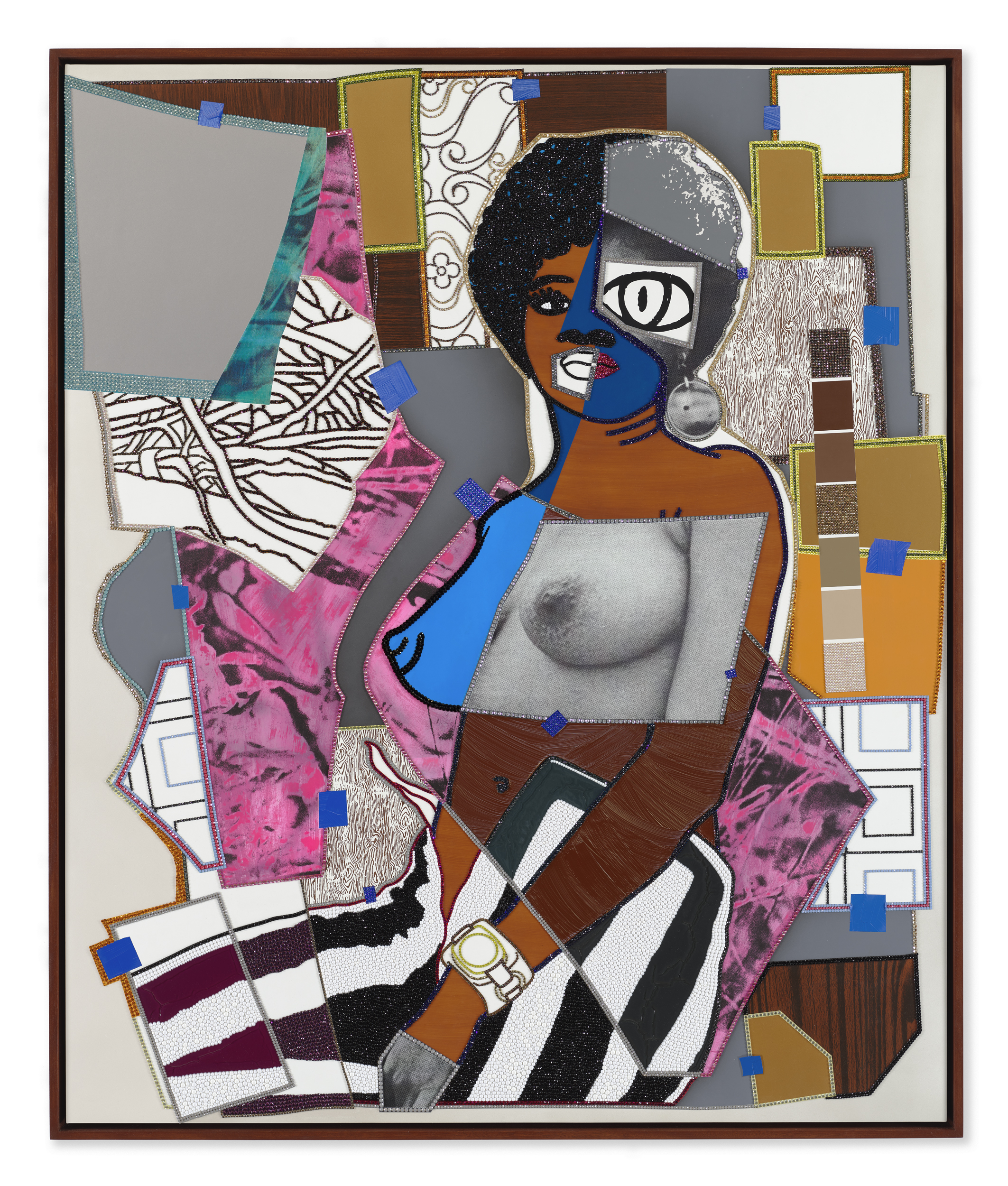 Mickalene Thomas, _February 1971_, 2021. Rhinestones, acrylic, and oil on canvas mounted on wood panel with mahogany frame 74⅛ x 62⅛ inches (188.3 x 157.8 cm). © Mickalene Thomas / Artists Rights Society (ARS), New York.