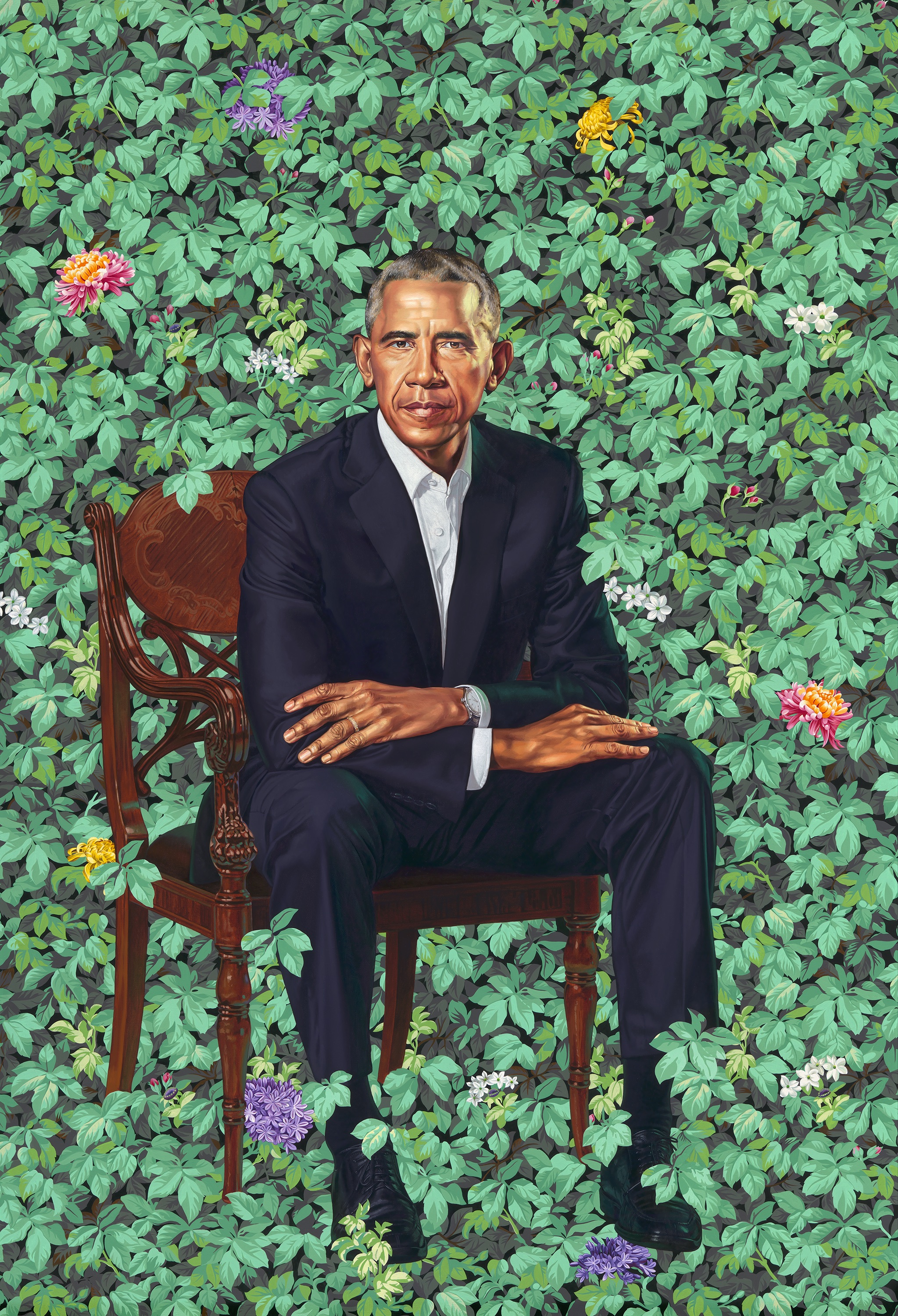 _Barack Obama_ by Kehinde Wiley, oil on canvas, 2018. National Portrait Gallery, Smithsonian Institution. The National Portrait Gallery is grateful to the following lead donors for their support of the Obama portraits: Kate Capshaw and Steven Spielberg; Judith Kern and Kent Whealy; Tommie L. Pegues and Donald A. Capoccia. © 2018 Kehinde Wiley