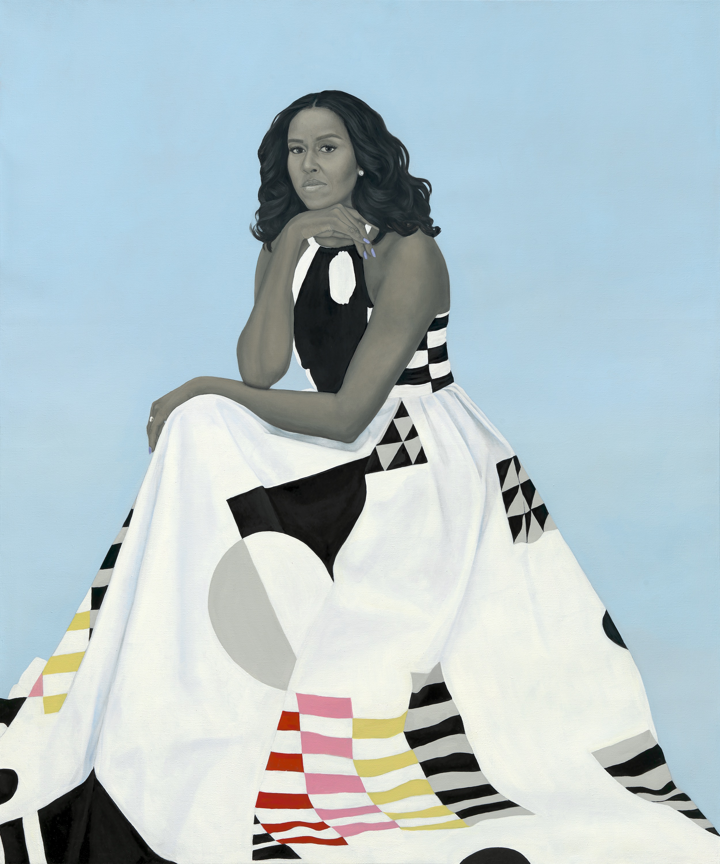 _Michelle LaVaughn Robinson Obama_ by Amy Sherald, oil on linen, 2018. National Portrait Gallery, Smithsonian Institution. The National Portrait Gallery is grateful to the following lead donors for their support of the Obama portraits: Kate Capshaw and Steven Spielberg; Judith Kern and Kent Whealy; Tommie L. Pegues and Donald A. Capoccia.