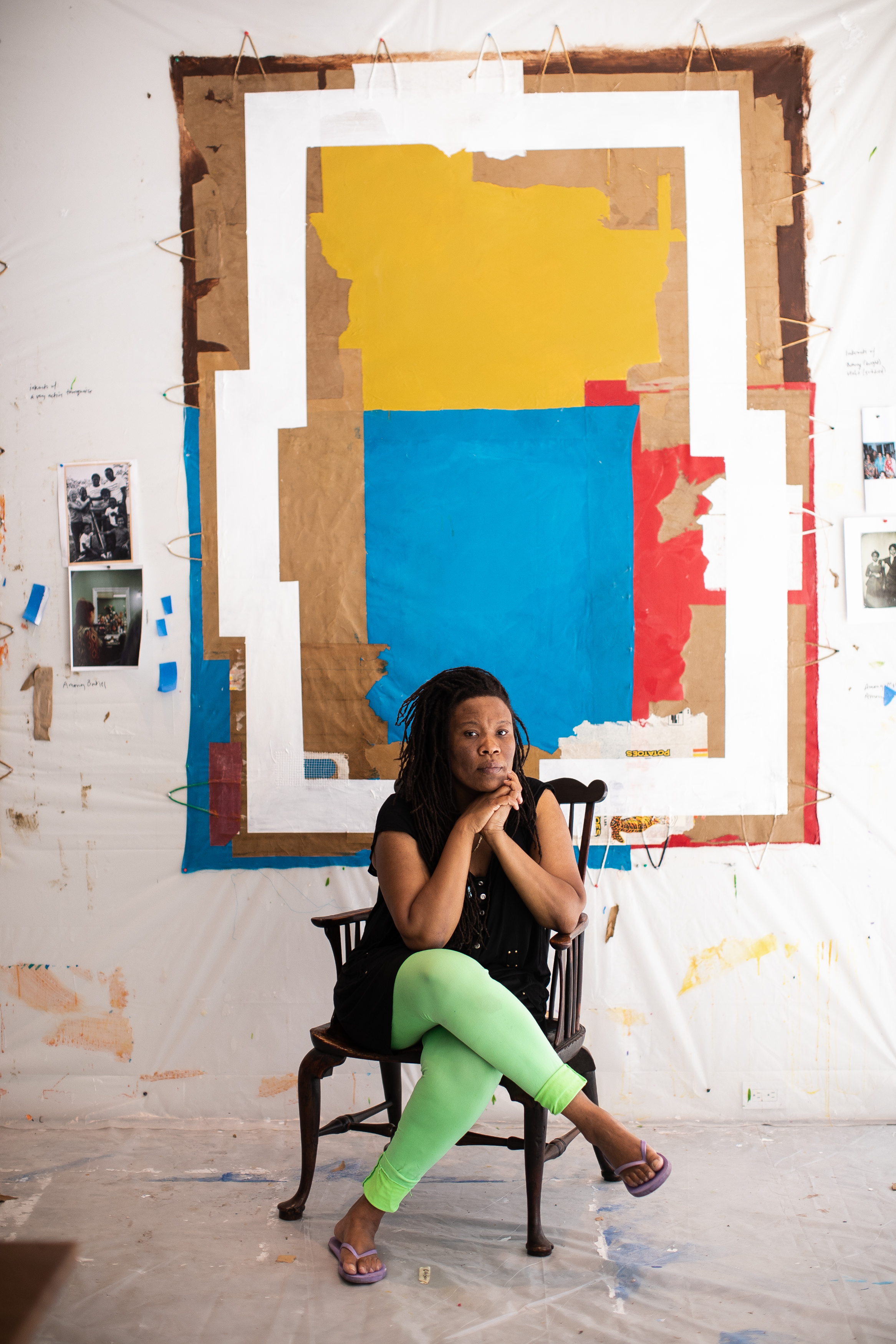 Tomashi Jackson (born 1980, Houston, TX) in her studio at The Watermill Center, June 2021. Photo: Copyright Jessica Dalene, courtesy of The Watermill Center.