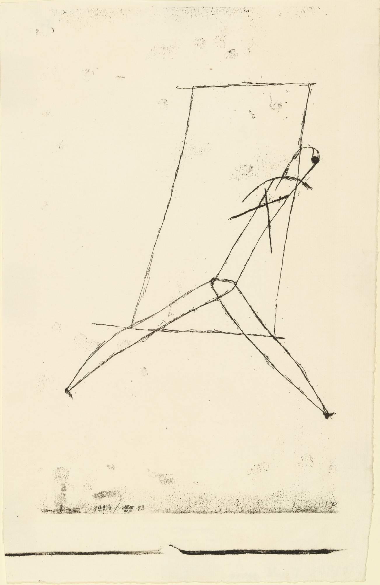 Paul Klee (German, born Switzerland. 1879–1940). Striding Out. 1923. Lithograph. composition (irreg.): 10 1/8 x 6 1/8″ (25.7 x 15.5 cm); sheet (irreg.): 11 11/16 x 7 11/16″ (29.7 x 19.5 cm). Publisher: unpublished. Printer: Staatliches Bauhaus, Weimar. Edition: approx. 6. The Museum of Modern Art, New York. Gift of Victor S. Riesenfeld. © 2021 Artists Rights Society (ARS), New York / VG Bild‑Kunst, Bonn. 339.1948.